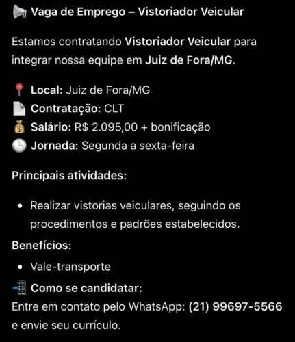 Vaga vistoriador veicular - início imadiato