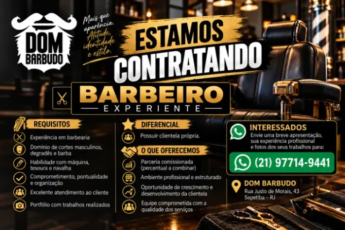 Vaga para Barbeiro Experiente - Parceria Comissionada | Sepetiba/RJ