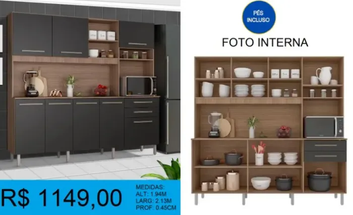 Armário de cozinha c/ pés inclusos larg: 2,13m - entrega grátis!