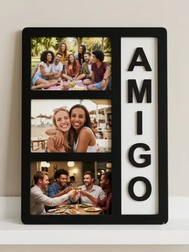 Quadro Porta-Fotos Duplo "AMIGOS" em Madeira Preta - Perfeito Estado!
