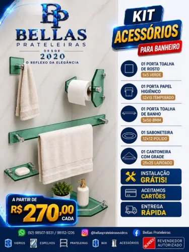 Kit de acessórios em vidro para banheiro