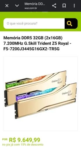 Memória DDR5 32GB (2x16GB) 7.200MHz G.Skill Trident Z5 Royal Gold (NOVA, LACRADA E COM NF)