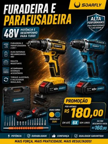 Furadeira e parafusadeira 48v duas baterias recarregáveis maleta e acessórios promoção