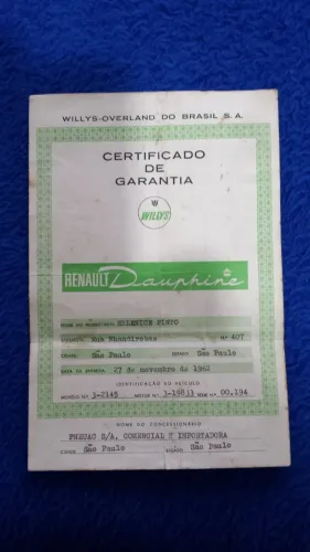 Certificado Renault Dauphine 1962 para colecionadores