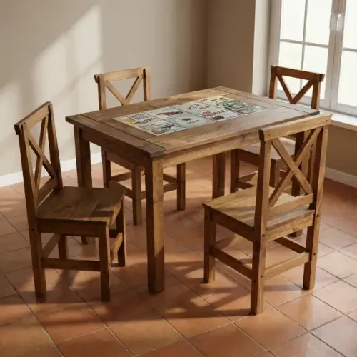 Kit Mesa 120cm Com 4 Cadeiras Madeira Industrial Rústico