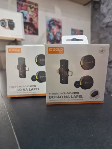 Microfone de lapela de botão sem fio + duplo (entrada tipo c e Lightning)