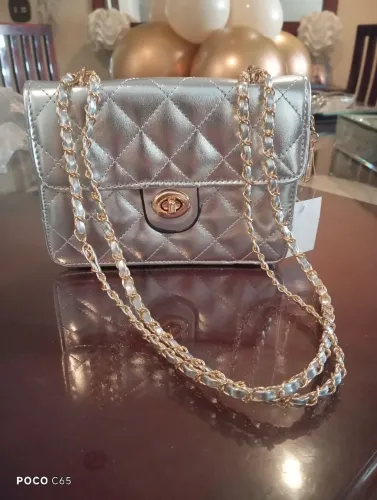Bolsa prata pequena com alça de metal e fecho na frente