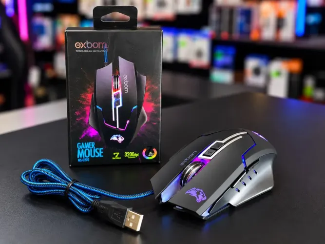 Mouse Gamer Exbom RGB com Fio USB 3200 DPI 7 Botões