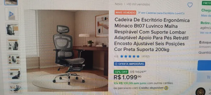 Cadeira de Escritório Ergonômica Mônaco bt07 luvinco malha respirável com suporte lombar