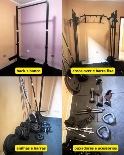 Home gym academia completa 220kg de anilha - Cross over, Hack, Banco e acessórios 