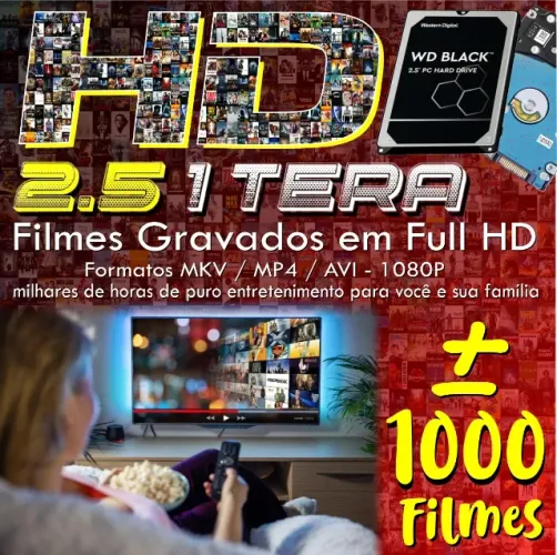 HD 1 TERA 2.5 SATA / Com + Ou - 1000 Filmes Gravados Em Full Hd