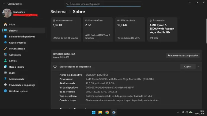 Notebook Ryzen 5 | 16GB RAM | SSD(NVMe) 500GB + HD 1TB |