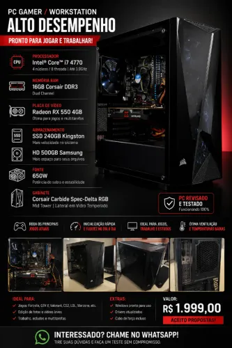 PC GAMER / WORKSTATION ALTO DESEMPENHO - PRONTO PARA JOGAR E TRABLHAR