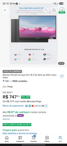 Monitor Portátil Arzopa Z1RC 16" 2.5K QHD IPS - Excelente Estado