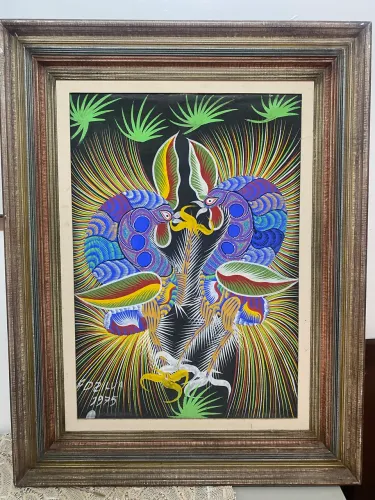 CHICO DA SILVA - Quadro "Briga de galos", óleo sobre tela, Alt. 85 X 60cm,