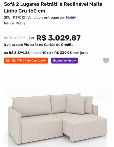 Sofá Mobly 2 Lugares Retrátil e Reclinável Malta Linho Cru 160 cm