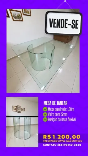 Vendo mesa de vidro 1,30m x 1,30m (não entrego)