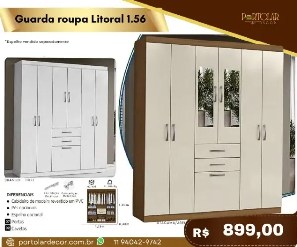 Guarda Roupa Litoral 1.56, a pronta entrega