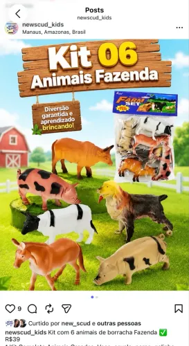 Kit com 6 animais de borracha Fazenda