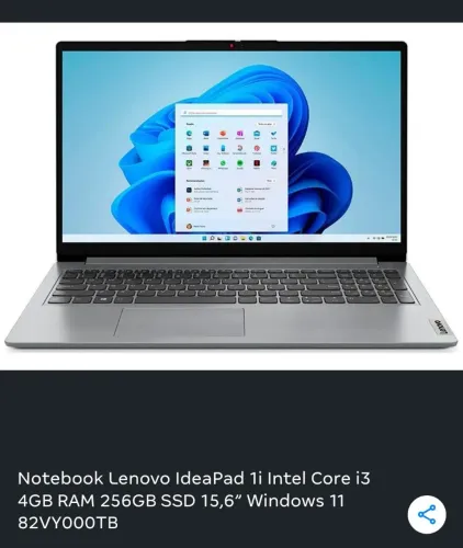 Notebook Lenovo IdeaPad 1i Intel Core i3 4GB RAM 256GB SSD 15,6? Windows 11 82VY000TB