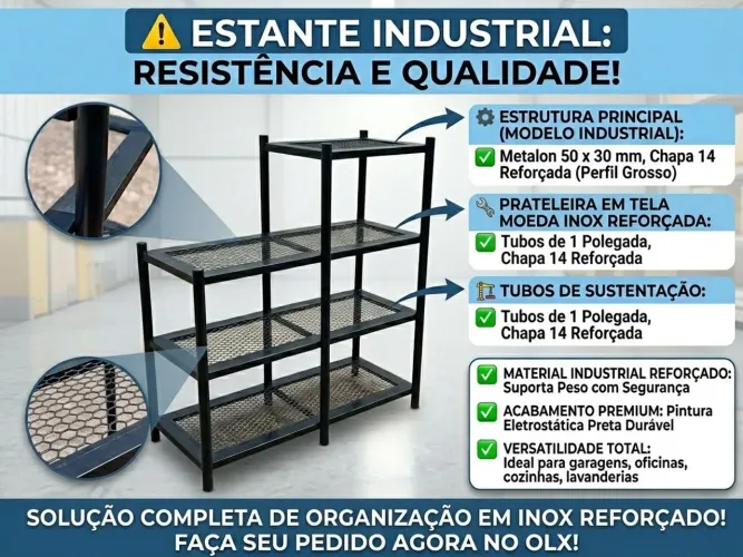 ESTANTE MODELO INDUSTRIAL DE METAL PRETA COM TELA MOEDA INOX REFORÇADA (PEÇA ÚNICA)