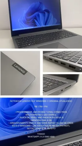 Notebook Lenovo 15.6 (amd ryzen 7 3700U + placa de video rx vega 10+ 8gb ram)