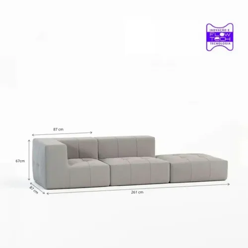 Sofá Modular 2 Lugares 1 Canto com 1 Apoio de Pé em Boucle Cinza