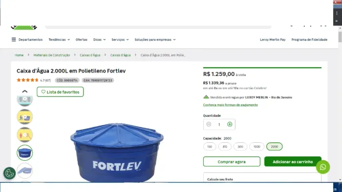 Caixa d'Água 2.000L - Praticamente Nova (Uso Apenas Secundário) | Oportunidade!