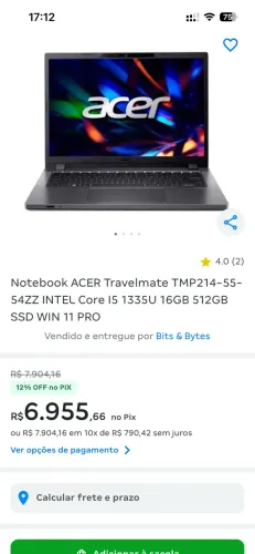 Notebook Acer TravelMate P2 14 i5 13ª Geração 16GB RAM SSD 512GB Windows 11 Pro 2 meses.