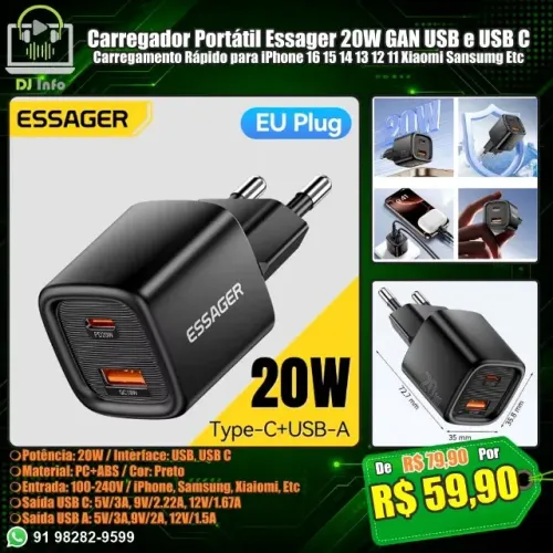 Carregador Essager 20W GAN USB e USB C para iPhone 16 15 14 13 12 11 Xiaomi Sansumg Etc