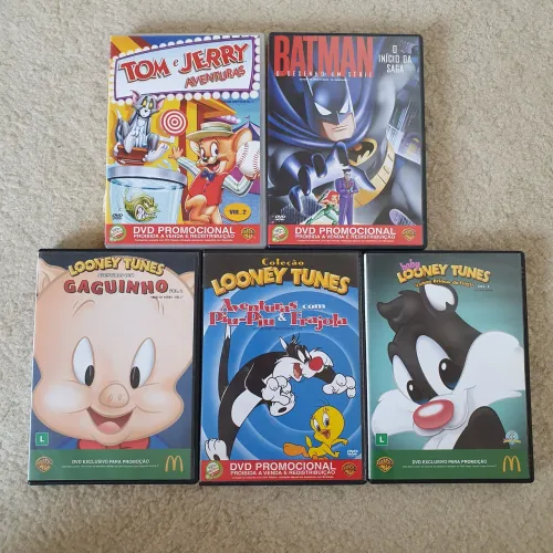 5 DVDs Originais Desenhos Infantis - Looney Tunes, Tom e Jerry, Batman