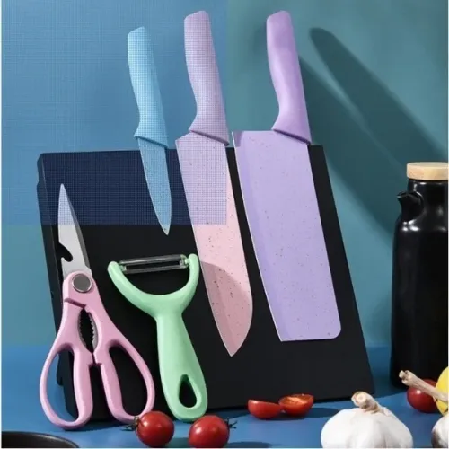 Kit de Conjunto Facas Coloridas Tesoura Descascador Cozinha Gourmet 6 Peças
