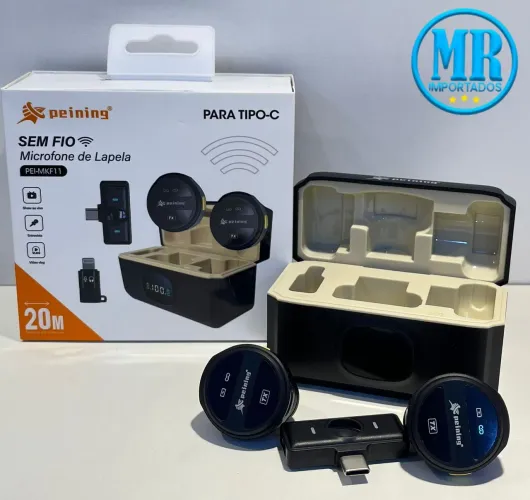 Microfone de Lapela 20m de distância Tipo C/ e Adaptador IOS 