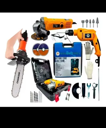 Kit 3 em 1 Furadeira /Lixadeira  e adaptador  de motoserra para por na Lixadeira. 