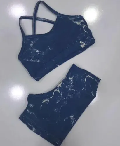 Conjunto de Top e Shorts de Ginástica - Azul Marmorizado