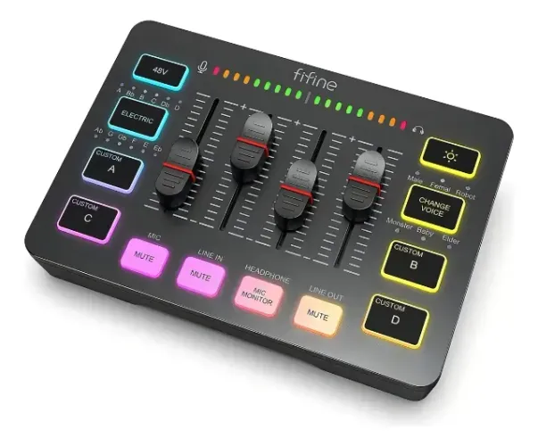 Áudio Mixer Gamer Rgb Ampligame Sc3 4 Canais Efeitos Fifine