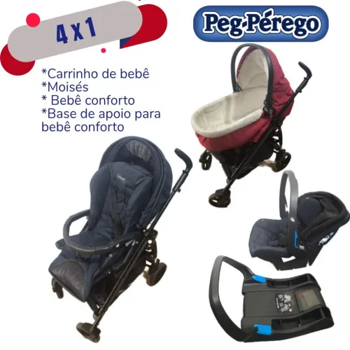 Carrinho bebê conforto c/ base e Moisés peg perego kit 4 x 1