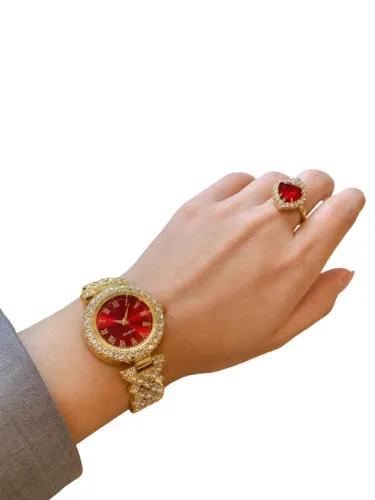 Conjunto de Joias Feminino Relógio Colar Brincos Anel Dourado com Vermelho