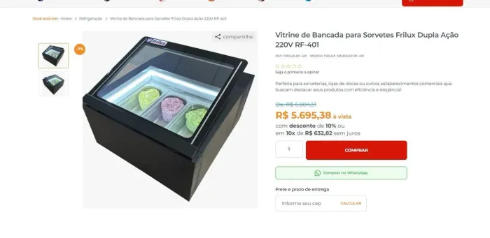Vitrine de bancada para sorvete frilux 220v 