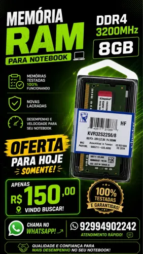 Memória ram ddr4 8GB 3200 mhz notebook