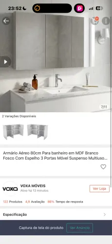 Armário suspenso de banheiro com espelho novo na caixa 80 cm