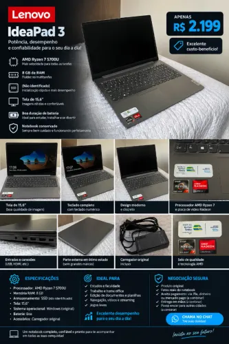 ? NOTEBOOK LENOVO IDEAPAD 3 ? RYZEN 7 | R$ 2.399