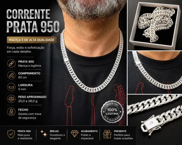 CORRENTE DE PRATA MACIÇA 950 - 60 CM ? Elegância, presença e qu