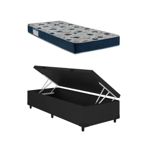 CAMA BAÚ CORINO PRETO ALTO NÍVEL + COLCHÃO ISO 60 D28
