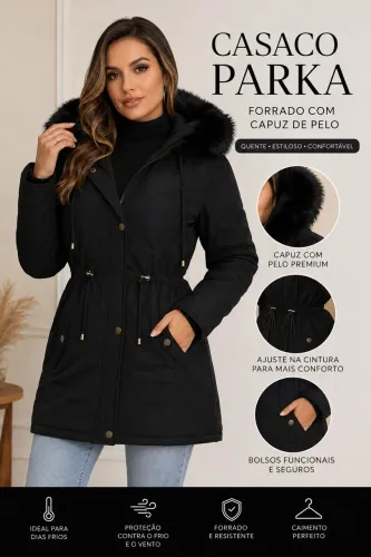 Casaco Parka Feminino Preto com Capuz de Pelo - Inverno