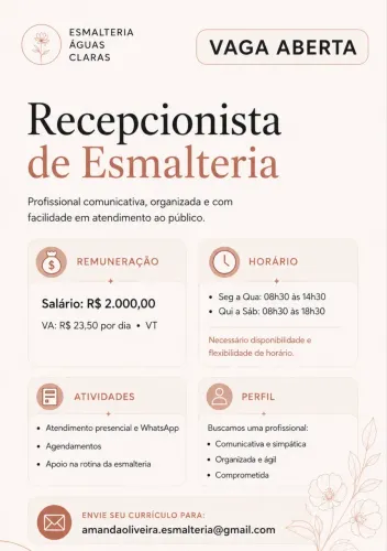 Oportunidade de recepcionista R$ 2.000,00
