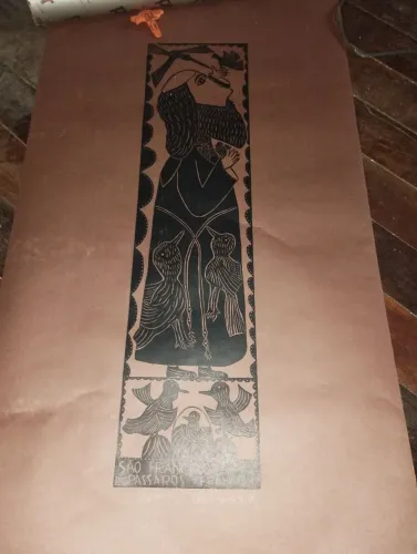 Xiilogravura original Amaro Francisco - São Francisco dos Pássaros - Assinada