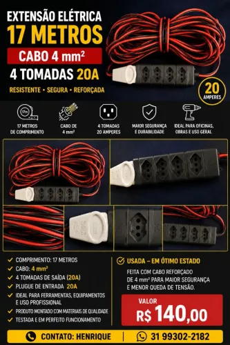 Extensão Elétrica Reforçada 17 Metros - Cabo 4 mm² - 4 Tomadas 20A