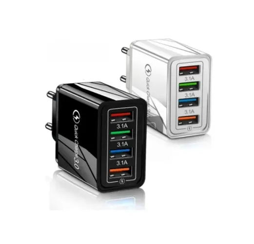 Kit 2 Carregadores Quick Charge 4 Portas USB-A 3.0 com Led - Rápido 1 Preto - 1 Branco