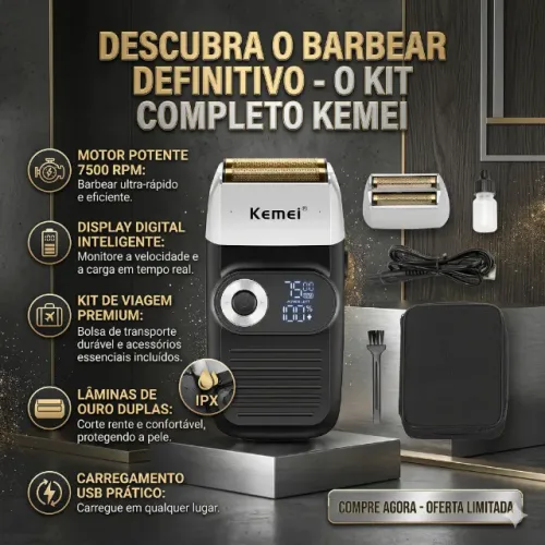 Barbeador Profissional Shaver KM-2026 Sem Fio Bivolt para Cuidado Pessoal Versátil